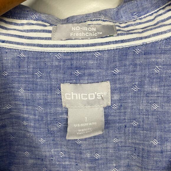 Chico’s No Iron Fresh Chic Linen Button Up Shirt Size 1 Blue Coastal Sailor Chic - Picture 3 of 7
